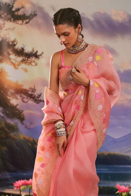 Buy_Charu Makkar_Peach Silk, Chanderi, Tissue Embroidery, Zari Saree With Sleeveless Blouse 
