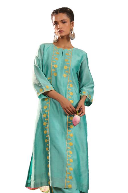 Shop_Charu Makkar_Blue Silk, Chanderi Embroidery Round Neck Kurta And Pant Set _Online_at_Aza_Fashions
