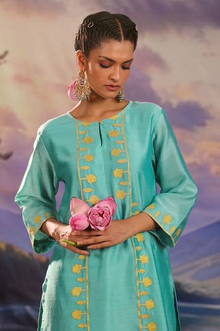 Shop_Charu Makkar_Blue Silk, Chanderi Embroidery Round Neck Kurta And Pant Set 
