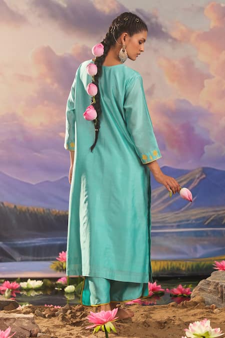 Shop_Charu Makkar_Blue Silk, Chanderi Embroidery Round Neck Kurta And Pant Set _at_Aza_Fashions
