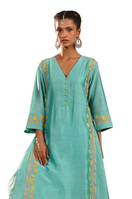 Buy Charu Makkar Blue Silk, Chanderi Embroidery V-neck Floral Kurta And Pant Set Online at Aza Fashions Buy_Charu Makkar_Blue Silk, Chanderi Embroidery V-neck Floral Kurta And Pant Set _Online_at_Aza_Fashions