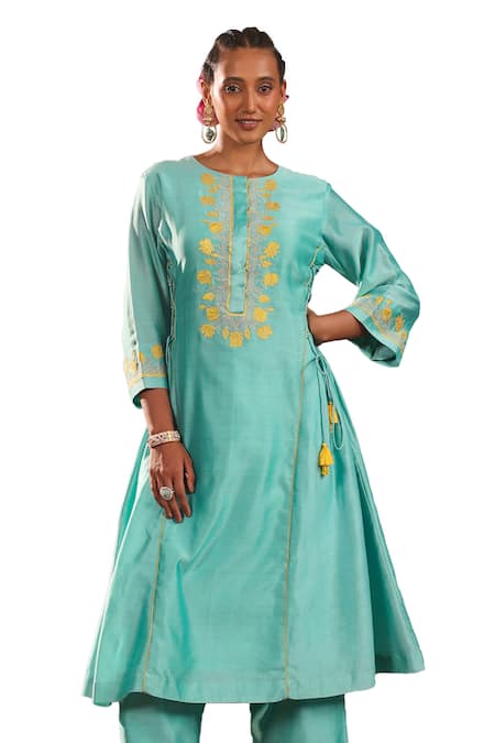 Charu Makkar Blue , , Zari, Embroidery Round Neck Kurta And Pant Set Online at Aza Fashions Charu Makkar_Blue , , Zari, Embroidery Round Neck Kurta And Pant Set _Online_at_Aza_Fashions