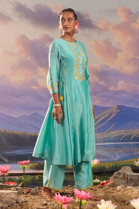 Shop_Charu Makkar_Blue , , Zari, Embroidery Round Neck Kurta And Pant Set _Online_at_Aza_Fashions