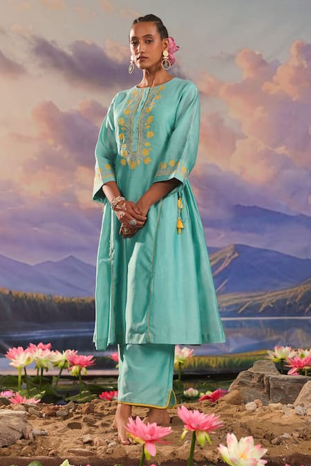 Buy_Charu Makkar_Blue , , Zari, Embroidery Round Neck Kurta And Pant Set 