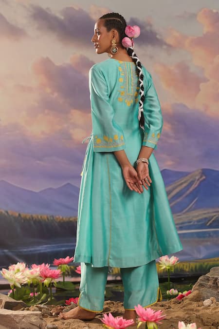 Shop_Charu Makkar_Blue , , Zari, Embroidery Round Neck Kurta And Pant Set _at_Aza_Fashions