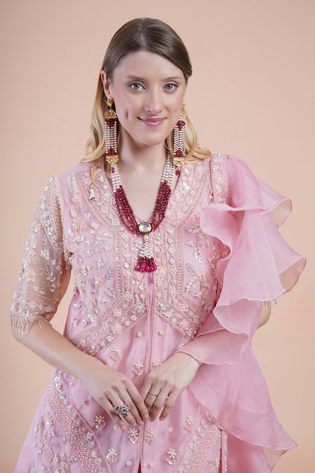 House Of Supriya_Pink Net, Crepe, Organza Beads, Sequins, Pearls, Floral Kurta Palazzo Set _Online_at_Aza_Fashions