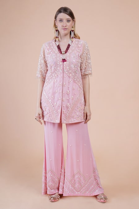 Buy_House Of Supriya_Pink Net, Crepe, Organza Beads, Sequins, Pearls, Floral Kurta Palazzo Set _Online_at_Aza_Fashions