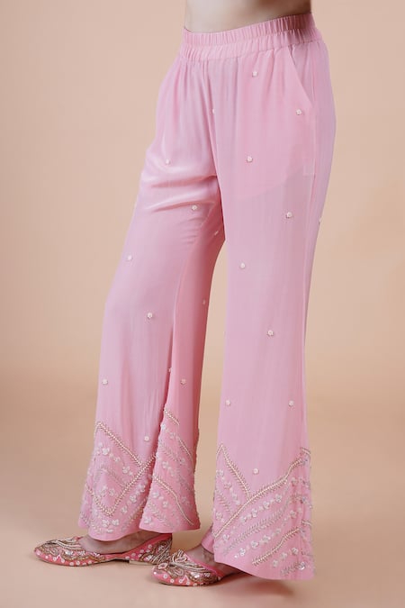 Shop_House Of Supriya_Pink Net, Crepe, Organza Beads, Sequins, Pearls, Floral Kurta Palazzo Set _Online_at_Aza_Fashions