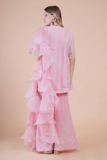 Shop_House Of Supriya_Pink Net, Crepe, Organza Beads, Sequins, Pearls, Floral Kurta Palazzo Set _at_Aza_Fashions