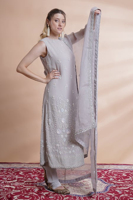 Buy_House Of Supriya_Grey Georgette, Crepe, Organza Geometric Floral Embroidered Kurta Churidar Set _Online_at_Aza_Fashions