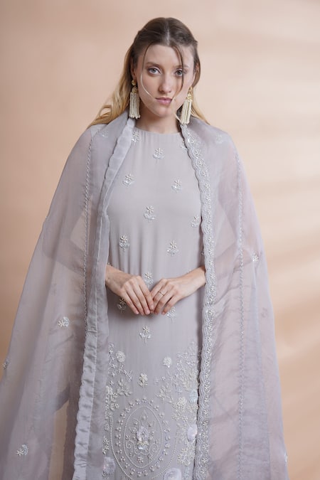 Shop_House Of Supriya_Grey Georgette, Crepe, Organza Geometric Floral Embroidered Kurta Churidar Set _Online_at_Aza_Fashions