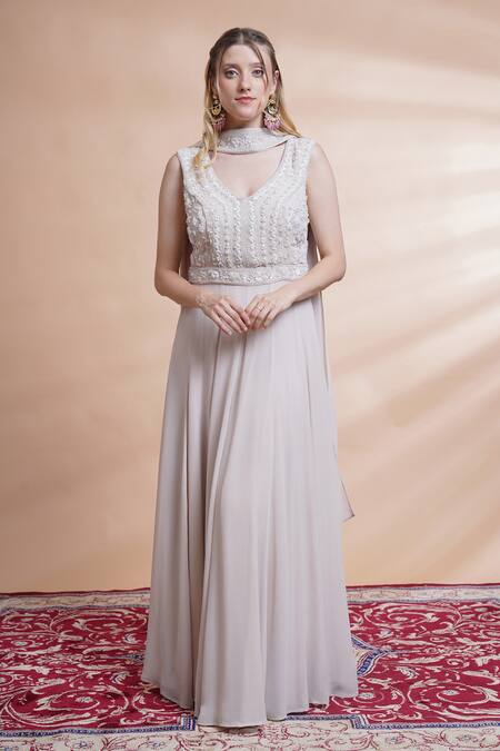 House Of Supriya_Grey Georgette Pearls, Sequins, Beads Floral Embroidered Anarkali With Dupatta _Online_at_Aza_Fashions