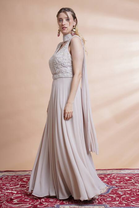 Buy_House Of Supriya_Grey Georgette Pearls, Sequins, Beads Floral Embroidered Anarkali With Dupatta _Online_at_Aza_Fashions