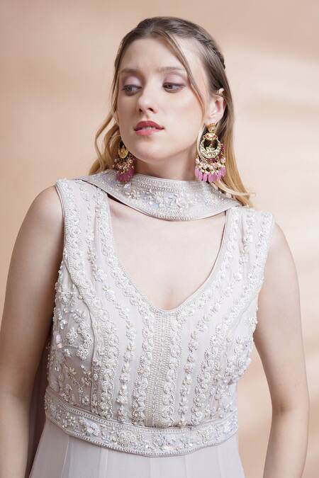 Shop_House Of Supriya_Grey Georgette Pearls, Sequins, Beads Floral Embroidered Anarkali With Dupatta _Online_at_Aza_Fashions