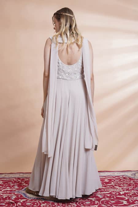 Shop_House Of Supriya_Grey Georgette Pearls, Sequins, Beads Floral Embroidered Anarkali With Dupatta _at_Aza_Fashions