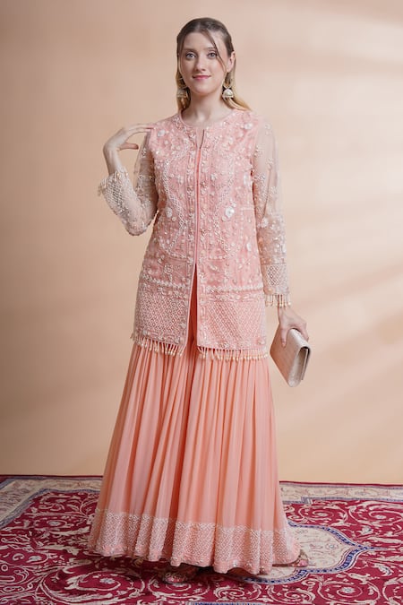 House Of Supriya_Peach Net, Georgette Sequins, Beads, Hand Embroidered Short Kurta With Sharara _Online_at_Aza_Fashions