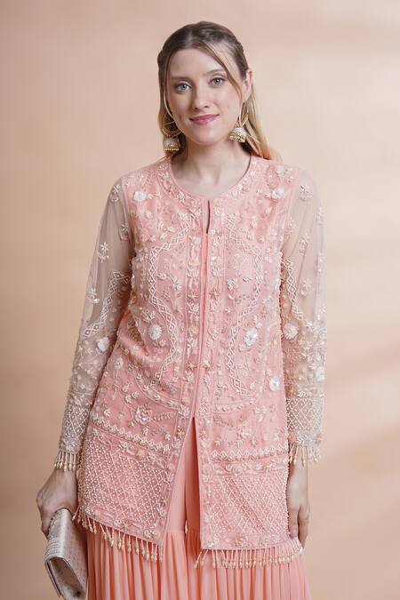 Buy_House Of Supriya_Peach Net, Georgette Sequins, Beads, Hand Embroidered Short Kurta With Sharara _Online_at_Aza_Fashions