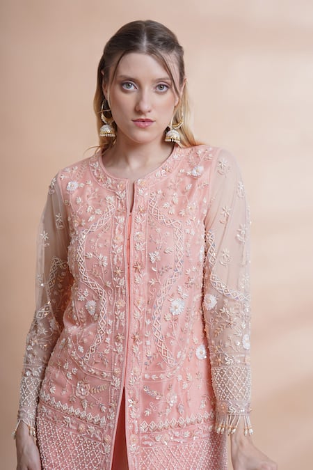 Shop_House Of Supriya_Peach Net, Georgette Sequins, Beads, Hand Embroidered Short Kurta With Sharara _Online_at_Aza_Fashions