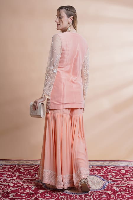 Shop_House Of Supriya_Peach Net, Georgette Sequins, Beads, Hand Embroidered Short Kurta With Sharara _at_Aza_Fashions