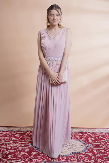 House Of Supriya_Purple Georgette Pearls, Sequins V-neck Hand Embroidered Pleated Gown _Online_at_Aza_Fashions