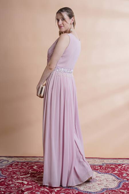 Buy_House Of Supriya_Purple Georgette Pearls, Sequins V-neck Hand Embroidered Pleated Gown _Online_at_Aza_Fashions