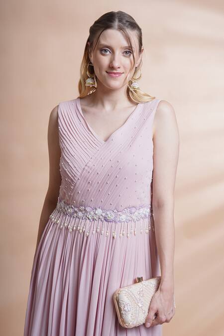 Shop_House Of Supriya_Purple Georgette Pearls, Sequins V-neck Hand Embroidered Pleated Gown _Online_at_Aza_Fashions