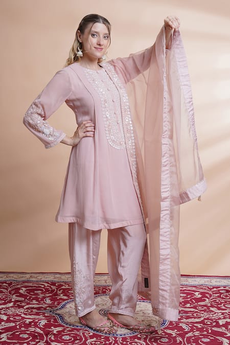 House Of Supriya_Purple Georgette, Organza, Crepe Embroidery, Pearls, A-line Kurta Pant Set _Online_at_Aza_Fashions