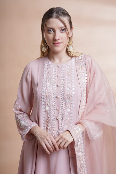 Buy_House Of Supriya_Purple Georgette, Organza, Crepe Embroidery, Pearls, A-line Kurta Pant Set _Online_at_Aza_Fashions