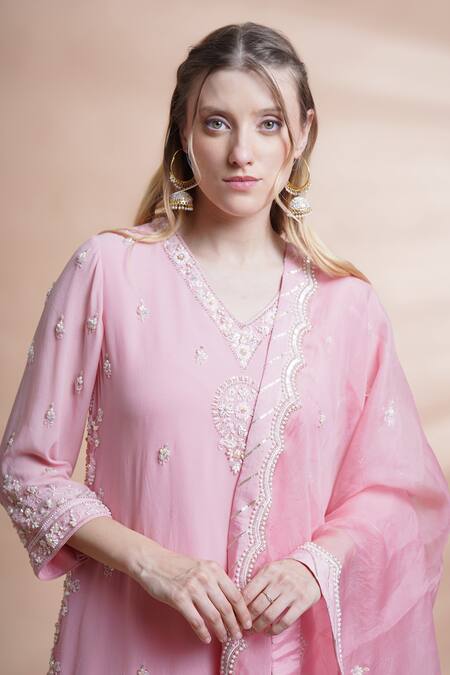 House Of Supriya_Pink Georgette, Organza, Denim Pearls, Sequins, Beads, Hand Kurta Pant Set _Online_at_Aza_Fashions