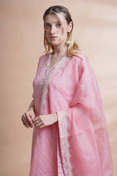Buy_House Of Supriya_Pink Georgette, Organza, Denim Pearls, Sequins, Beads, Hand Kurta Pant Set _Online_at_Aza_Fashions