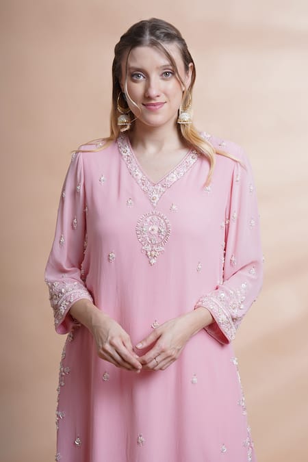 Shop_House Of Supriya_Pink Georgette, Organza, Denim Pearls, Sequins, Beads, Hand Kurta Pant Set _Online_at_Aza_Fashions