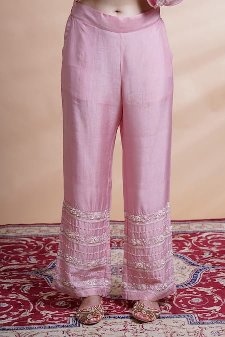 House Of Supriya_Pink Georgette, Organza, Denim Pearls, Sequins, Beads, Hand Kurta Pant Set _at_Aza_Fashions