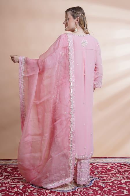 Shop_House Of Supriya_Pink Georgette, Organza, Denim Pearls, Sequins, Beads, Hand Kurta Pant Set _at_Aza_Fashions