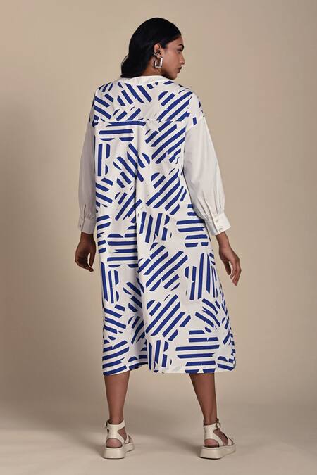 Kanelle_Blue Cotton Poplin Print Confetti V Neck Midi Dress _Online_at_Aza_Fashions