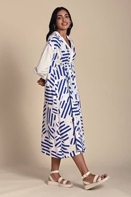 Shop_Kanelle_Blue Cotton Poplin Print Confetti V Neck Midi Dress _Online_at_Aza_Fashions