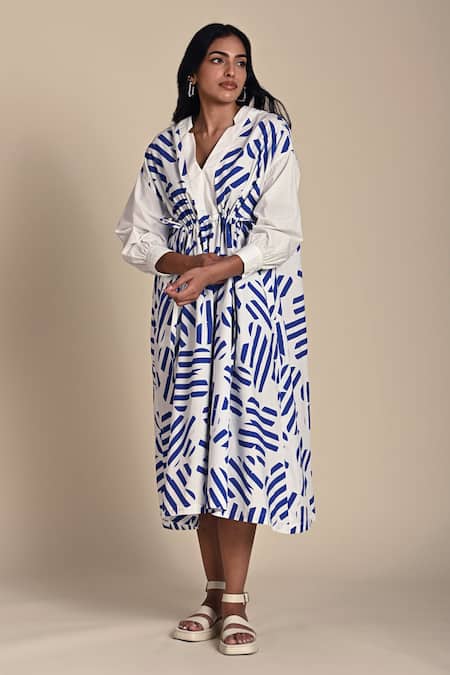 Kanelle_Blue Cotton Poplin Print Confetti V Neck Midi Dress _at_Aza_Fashions