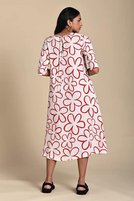 Kanelle_Red Twill Print Poppy Round Neck Midi Dress _Online_at_Aza_Fashions