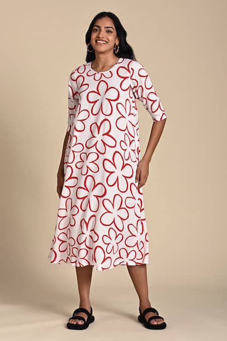 Shop_Kanelle_Red Twill Print Poppy Round Neck Midi Dress _Online_at_Aza_Fashions