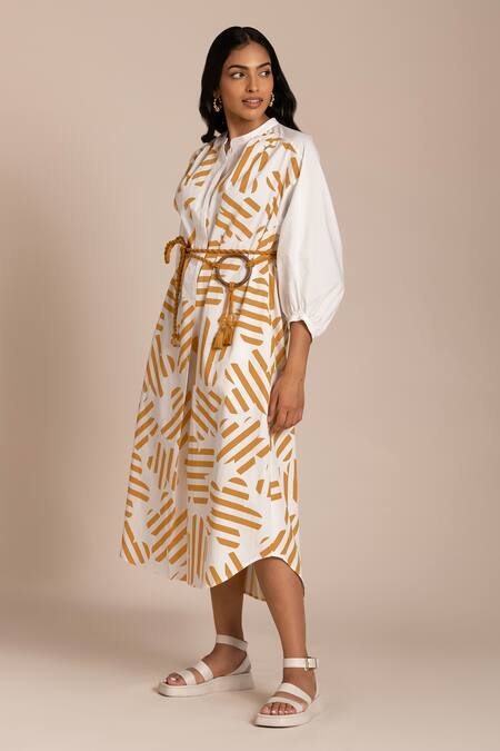 Kanelle_Yellow Cotton Poplin Print Confetti Bloom Round Sage Midi Dress With Belt_Online_at_Aza_Fashions