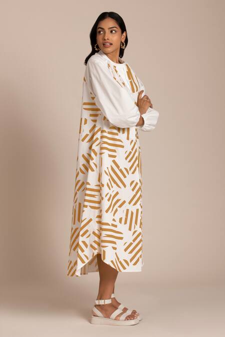 Shop_Kanelle_Yellow Cotton Poplin Print Confetti Bloom Round Sage Midi Dress With Belt_Online_at_Aza_Fashions