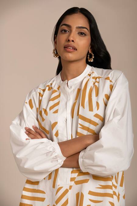 Kanelle_Yellow Cotton Poplin Print Confetti Bloom Round Sage Midi Dress With Belt_at_Aza_Fashions