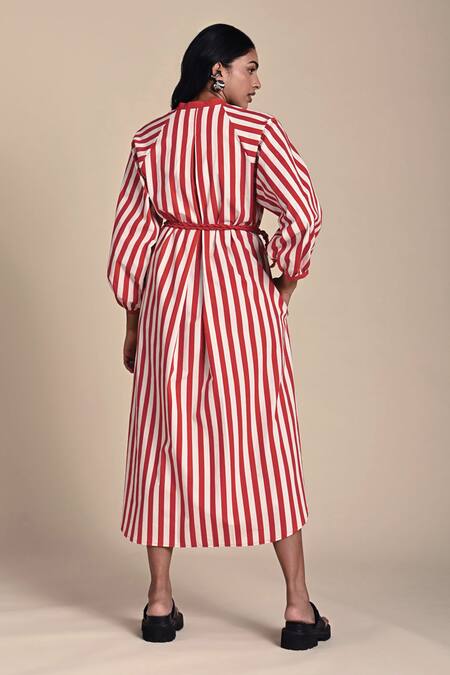 Shop Kanelle Red Cotton Poplin Print Striped Round Collar Neck Sage Midi Dress With Belt at Aza Fashions Shop_Kanelle_Red Cotton Poplin Print Striped Round Collar Neck Sage Midi Dress With Belt_at_Aza_Fashions