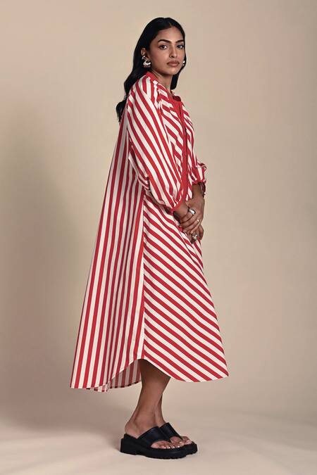 Kanelle Red Cotton Poplin Print Striped Round Collar Neck Sage Midi Dress With Belt at Aza Fashions Kanelle_Red Cotton Poplin Print Striped Round Collar Neck Sage Midi Dress With Belt_at_Aza_Fashions