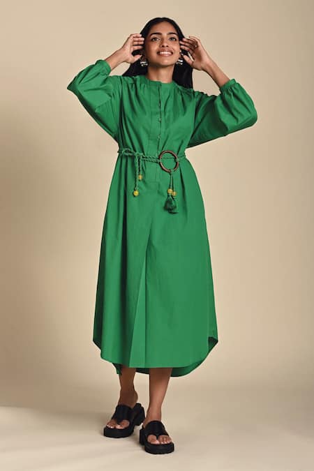 Kanelle Green Cotton Poplin Solid Round Collar Sage Curved Hem Midi Dress With Belt