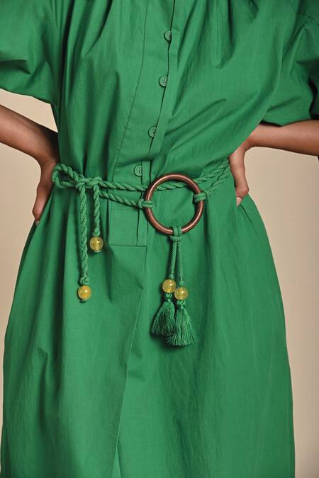 Kanelle Green Cotton Poplin Solid Round Collar Sage Curved Hem Midi Dress With Belt at Aza Fashions Kanelle_Green Cotton Poplin Solid Round Collar Sage Curved Hem Midi Dress With Belt_at_Aza_Fashions
