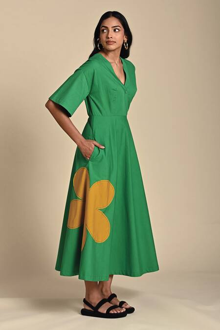 Kanelle Green Cotton Poplin Patch Bloom V Neck Olivia Embroidered Midi Dress Online at Aza Fashions Kanelle_Green Cotton Poplin Patch Bloom V Neck Olivia Embroidered Midi Dress_Online_at_Aza_Fashions
