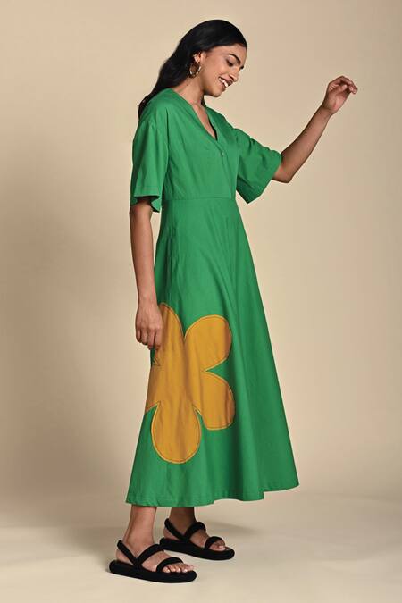 Shop Kanelle Green Cotton Poplin Patch Bloom V Neck Olivia Embroidered Midi Dress Online at Aza Fashions Shop_Kanelle_Green Cotton Poplin Patch Bloom V Neck Olivia Embroidered Midi Dress_Online_at_Aza_Fashions