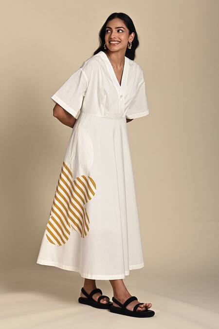 Kanelle_White Cotton Poplin Patch Striped Bloom V Neck Olivia Embroidered Midi Dress_Online_at_Aza_Fashions