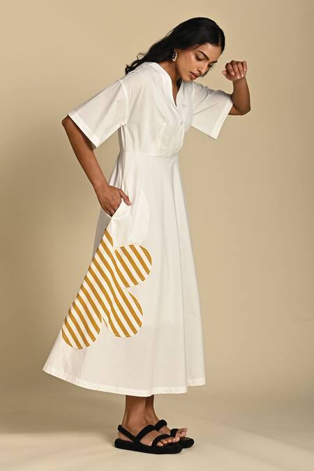 Buy_Kanelle_White Cotton Poplin Patch Striped Bloom V Neck Olivia Embroidered Midi Dress_Online_at_Aza_Fashions