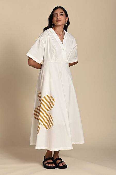 Shop_Kanelle_White Cotton Poplin Patch Striped Bloom V Neck Olivia Embroidered Midi Dress_Online_at_Aza_Fashions
